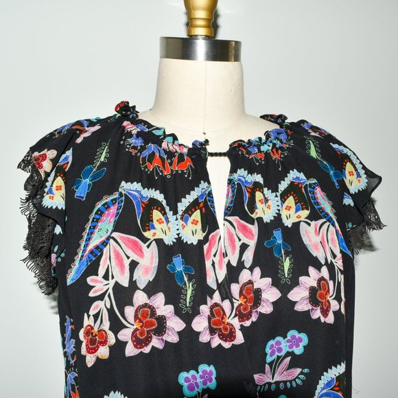 Dark Lacy Floral Paisley Printed Silk Lace Ruffle Sleeve Blouse - Picture 3 of 10